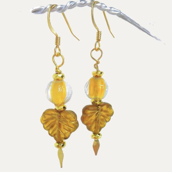 Czech Glass Earrings Artisan Made Vintage Beaded Dangle Brown Golden Accents NEW - Picture 1 of 10